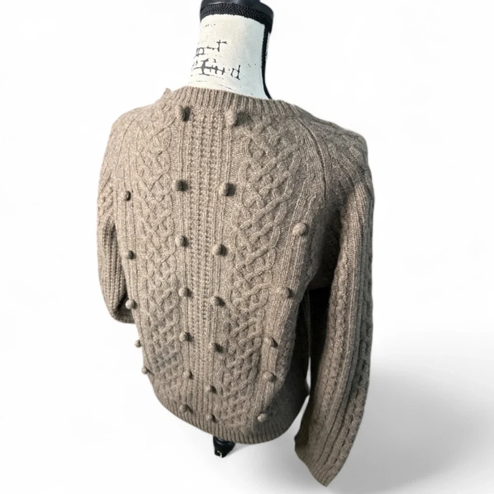 J.Crew NWT Lambswool Cable Knit Sweater  L Brown Chunky Pom Pom Cozy Layer